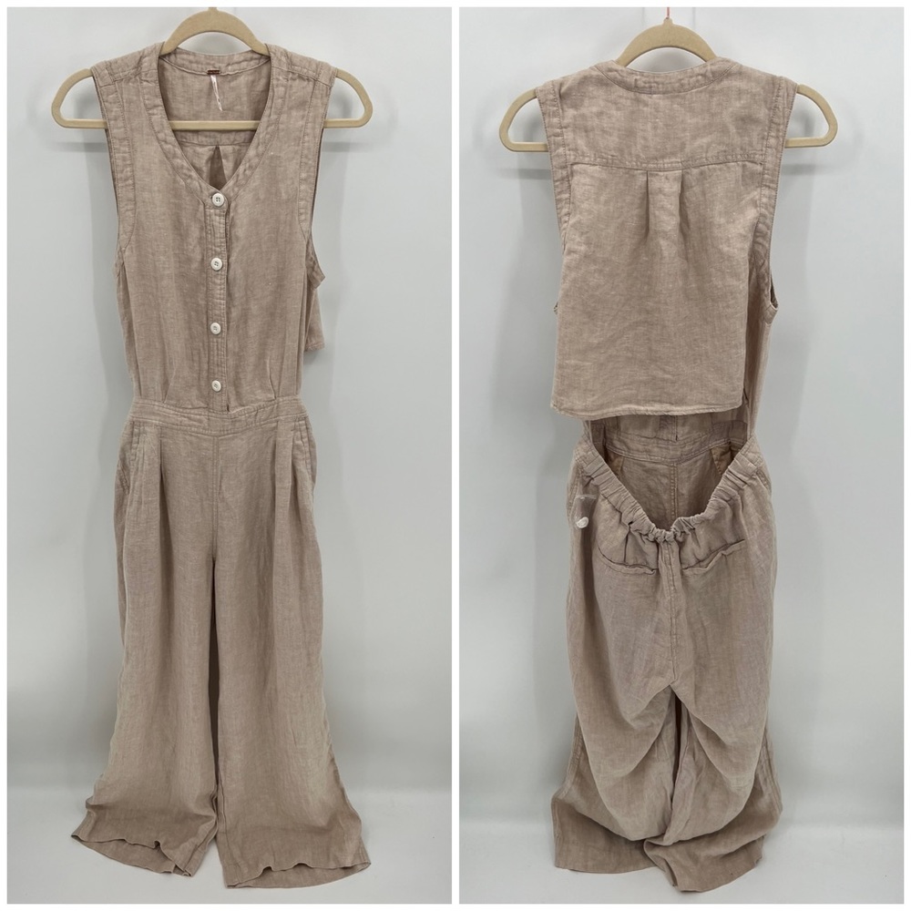 Free People tan linen wide leg jumpsuit